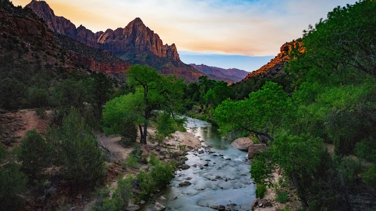 View of the Virgin River on a walk through Zion National Park with green trees next to the river and large red rock mountains in the background