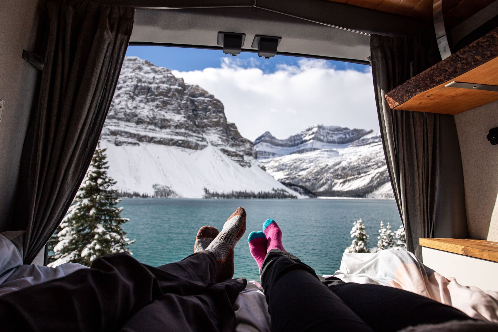 Cozy and warm in an RV during wintertime with stunning mountain views