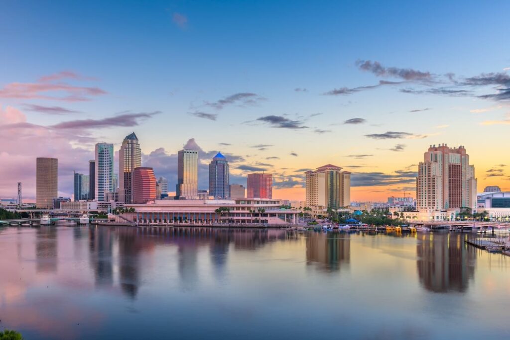 Downtown Tampa's waterfront at sunset