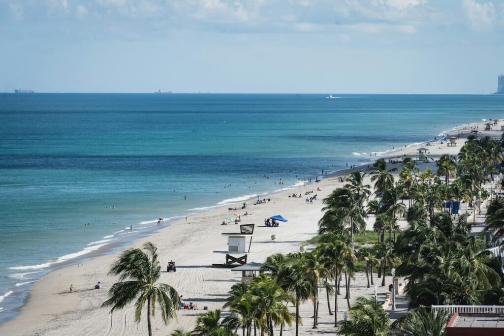 Crowds relaxing on Hollywood Beach next to the blue waters on a sunny day with green palm trees on the sand