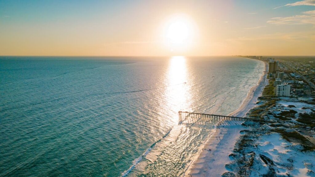 Aerial view of Destin Beach at sunset