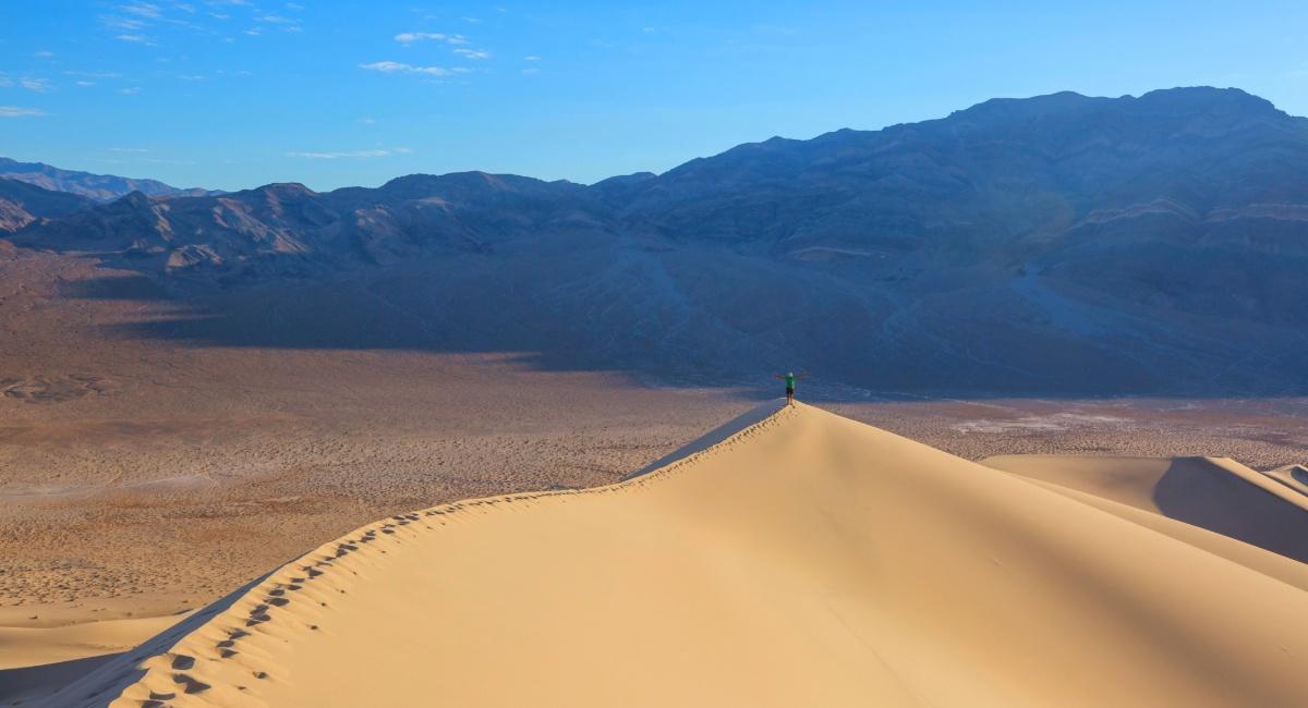 Death Valley National Park desert sand dunes and mountains - winter RV camping destination from San Francisco
